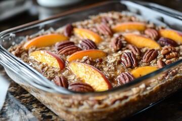 wholesome breakfast options, baked oats breakfast featuring juicy peaches, pecans, and a hint of vanilla essence