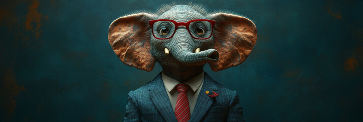 Poster - Elephant in a suit and glasses looking at the camera.