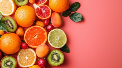 Wall Mural - Assorted fresh fruits arranged on a pink background