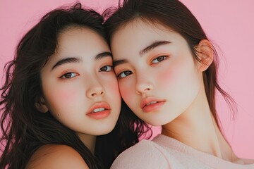 Wall Mural - Close up portrait beauty shot of two young beautiful Asian girls looking at camera isolated on pink background. with generative ai