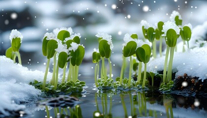 Wall Mural - Winters Revival: Seedlings Break Through Snowy Embrace, Showcasing Natures Resilient Growth in Lush Green Waters