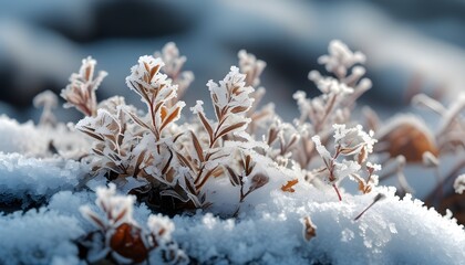 Wall Mural - Intricate Frosty Plant Patterns on Snowy Ground Captured in Close-Up Photography