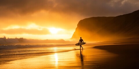 Sticker - A serene sunset over a tranquil beach. A lone surfer walks along the shoreline, ready to hit the waves. The golden hues reflect on the water, creating a peaceful atmosphere. AI