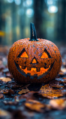 Poster - A glowing jack-o'-lantern sits among fallen leaves on a misty autumn day.