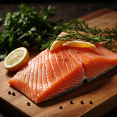 Fresh Salmon fish fillet on a wooden cutting board / White background