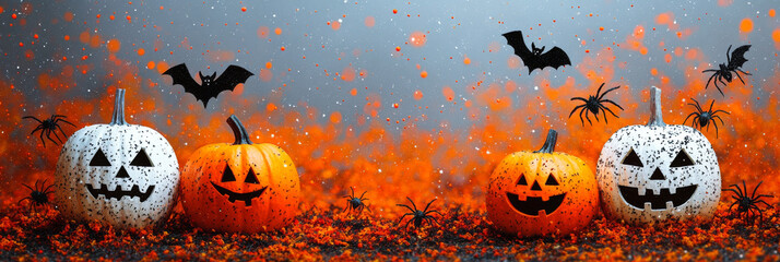 Spooky Jack-o'-lanterns with bats and spiders.