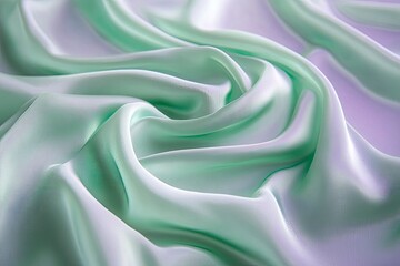 Close-up abstract texture green color fabric cloth textile on lilac background, silk wavy material, satin waves, soft folds waves on the fabric.with generative ai