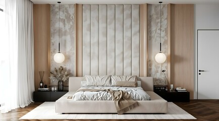 Interior of modern bedroom with white walls, wooden floor, comfortable king size bed with two bedside tables and white bedside tables. 3d rendering