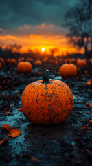 Canvas Print - A single pumpkin sits in a field at sunset.