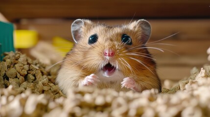 Wall Mural - A hamster is sitting in a pile of food pellets, AI