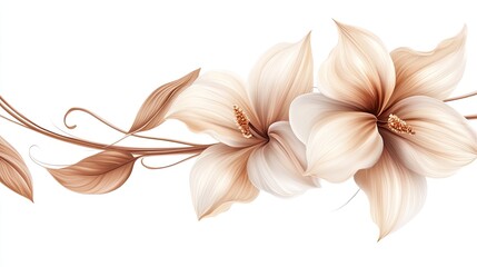Wall Mural - two delicate beige lilies with brown leaves and stems in a decorative arrangement isolated on a whit