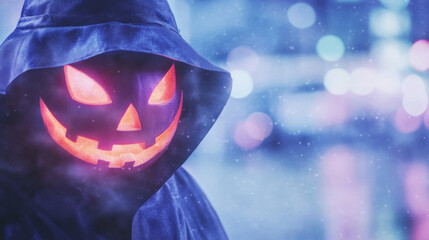 A person wearing a glowing jack-o'-lantern mask on Halloween night.