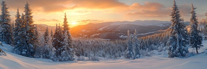 Poster - A stunning winter landscape featuring snow-covered trees and a breathtaking sunrise. This panoramic view captures the beauty of nature in its serene and tranquil state. Ideal for nature lovers. AI