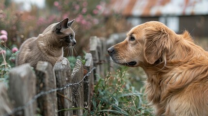 Canvas Print - Cat and Dog by a Fence