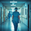© 3r1k_ai - Back view of woman doctor nurse in blue scrubs walking in hallway of modern clinic.