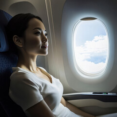 asian beautiful business woman in Luxury interior in business jet, sky and clouds through the porthole, window.