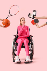 Poster - Thoughtful young woman in wheelchair and hands with sports equipment on pink background