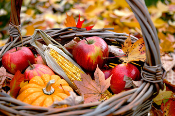 Festive autumn decor of pumpkins, flowers, apples, corn, leaves. Autumn composition. Thanksgiving concept