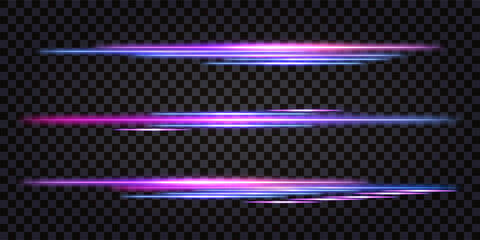 Wall Mural - Neon laser sticks, glowing light effect, purple and blue vaporwave dynamic speed lines, luminous beams. Thunder bolt flash. Border or divider. Isolated transparent vector