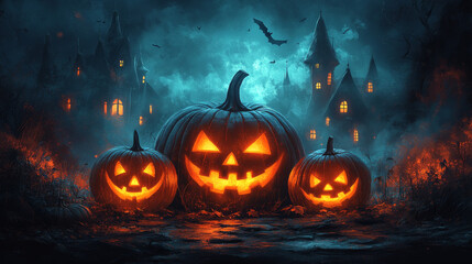 Poster - Three jack-o'-lanterns glow in front of a spooky haunted house.