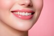 © MUdaylah - Close-up photo portrait of woman smiling mouth lips teeth isolated on pastel pink colored background with generative ai