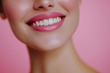 Close-up photo portrait of woman smiling mouth lips teeth isolated on pastel pink colored background with generative ai