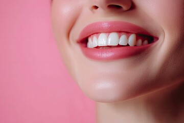 Close-up photo portrait of woman smiling mouth lips teeth isolated on pastel pink colored background with generative ai