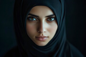 Close-up portrait of a Muslim woman with beautiful eyes in a hijab on a dark background. A girl in a black headscarf is looking at the camera. with generative ai