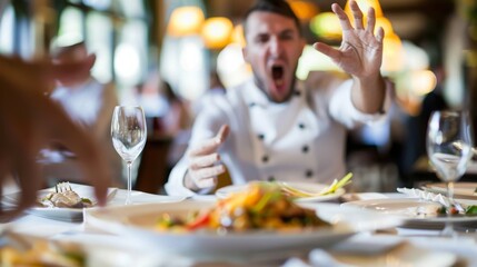 A chef in a white uniform looks shocked and raises his hands in the air. He looks like he is about to yell something. 