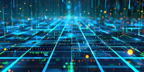 Digital grid network with glowing data lines and futuristic elements representing virtual reality and technology