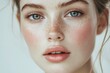 © MUdaylah - Close-up photo of a beautiful young woman's face with fresh and smooth skin and pink lips with a light background _ smooth skin with skin and body care with generative ai
