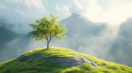 A lone tree standing on a vibrant grassy hillside, with a misty mountain in the background and sunlight shining through the fog in a realistic scene