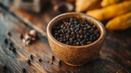 Wall Mural - Black peppercorns in a rustic ceramic bowl on wooden table