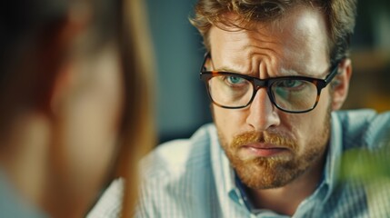 A man with a beard and glasses looks intently at someone off camera. He is frowning, looking concerned.