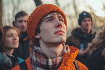 Wall Mural - Close-up portrait of a young man wearing a plaid hat and orange jacket crying with friends gathering in the background. with generative ai