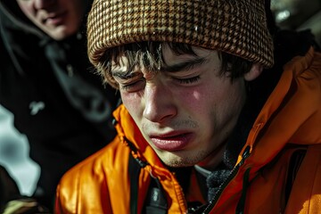 Wall Mural - Close-up portrait of a young man wearing a plaid hat and orange jacket crying with friends gathering in the background. with generative ai