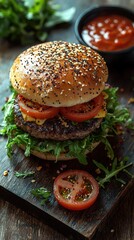 Delicious gourmet burger stacked with fresh tomatoes and arugula served on a wooden board with dipping sauce