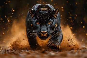 Black panther on dark background. Wildlife scene. Angry big cat 