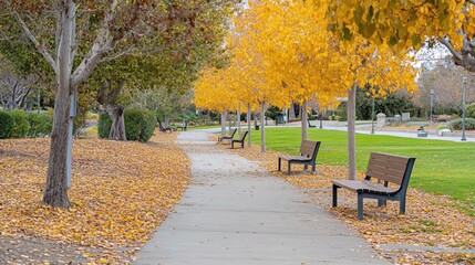 A paved pathway lined with trees and benches in a park with fallen autumn leaves.