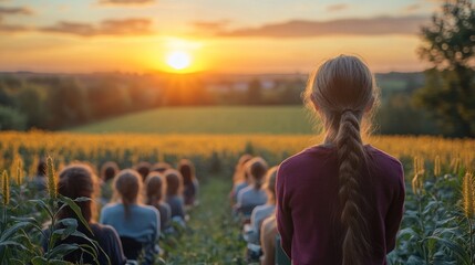 Canvas Print - A group of people sit in a field watching the sunset.