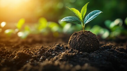 Poster - A young green plant seedling growing out of the soil with sunlight shining through.