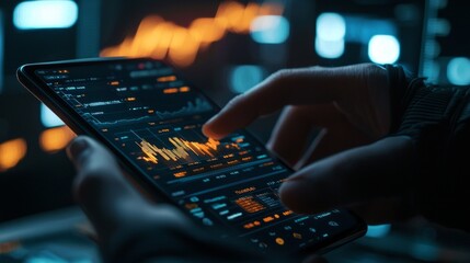person is focused on analyzing cryptocurrency market trends using a mobile trading app with a data rich screen illuminated in a dim environment.