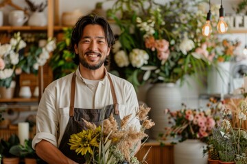 Sticker - A florist smiles while holding a bouquet of flowers. AI.