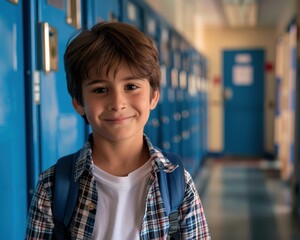 Canvas Print - A young boy smiles in a school hallway. AI.