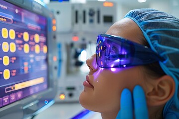 A medical professional wearing protective eyewear examines a patient’s skin while operating advanced technology in a clinical environment. The focus is on precise treatment and care