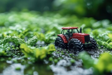 Wall Mural - A red toy tractor drives through a field of green plants after a rain shower.