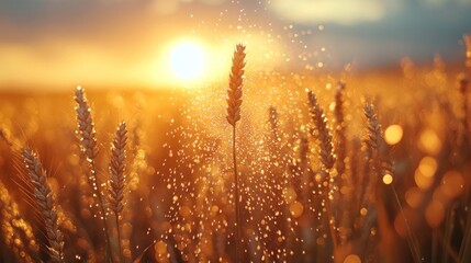 Poster - Golden wheat field at sunset with glowing particles.