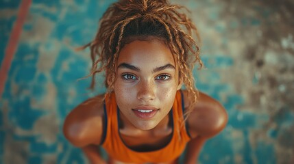 Sticker - A young woman with dreadlocks looks up at the camera with a confident smile, standing on a textured blue surface.