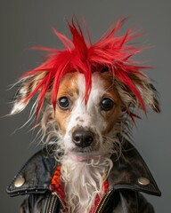 Canvas Print - A dog with a red mohawk and leather jacket. AI.