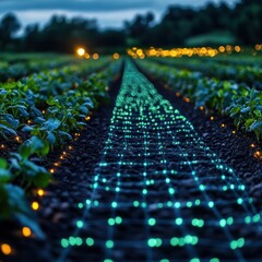 Wall Mural - A field of young plants at night with a grid of green lights illuminating the rows.